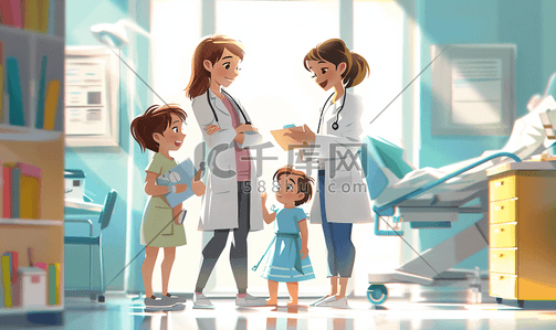 卫生工具插画图片_身体关注医药职业表现积极年轻妈妈带着孩子看医生