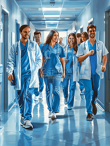医学上的模型插画图片_医疗保健 专业 人医学快乐的医生护士医院走廊