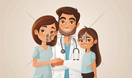 女儿和母亲插画图片_保健和医疗一家三口和医务工作者