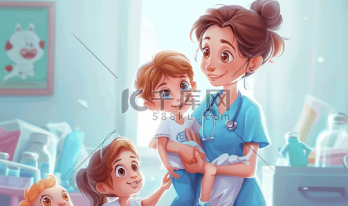 可爱儿童插画图片_女护士亲密陪护可爱儿童
