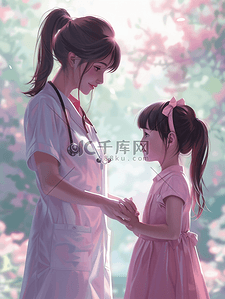 护士pda插画图片_护士牵着女孩的手