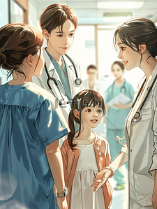医疗保健医学插画图片_家庭医生小轻的母亲带着女儿群医生医院里
