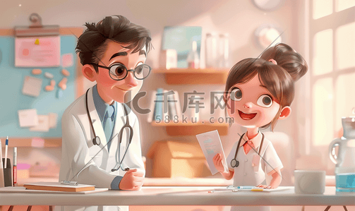甘菊面部护理插画图片_可爱的小女孩和医生