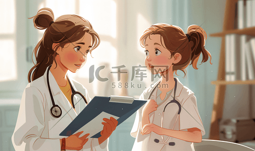 女医生插画图片_给生病的小女孩做记录的女医生
