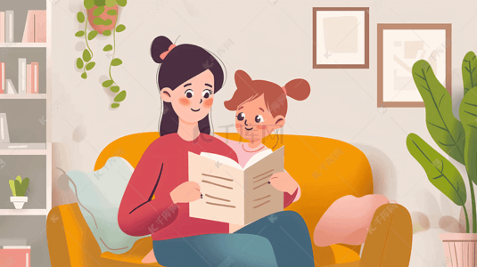 启蒙育儿插画图片_陪孩子看童话书的母亲9