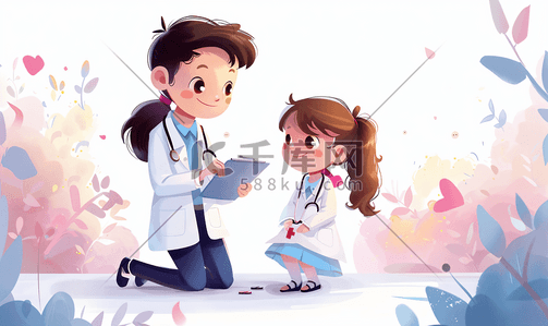 甘菊面部护理插画图片_可爱的小女孩和医生