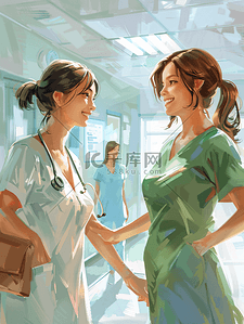 成人便盆插画图片_微笑的女孩医院走廊里散步时看着中等成人护士