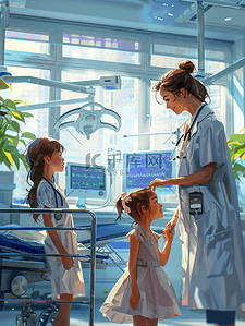 icu病房插画图片_女医生与在医院病房的小女孩一