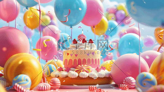 惊喜大奖等你来拿插画图片_唯美缤纷梦幻惊喜生日蛋糕气球的插画
