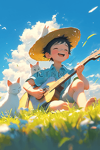 弹吉他草地男孩夏日手绘插画海报
