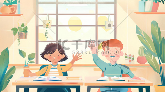 举手问问题插画图片_教室两个孩子举手素材