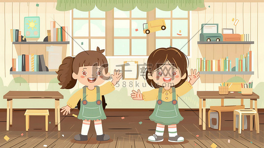 举手问问题插画图片_教室两个孩子举手插画