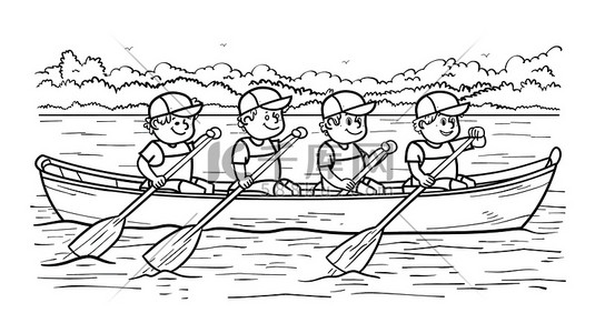 划船扒龙舟儿童涂色书插画海报