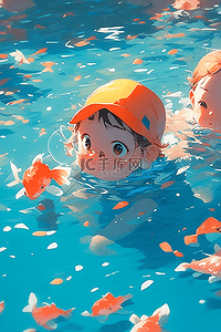 水里的金鱼插画图片_游泳可爱孩子泳池夏季手绘插画