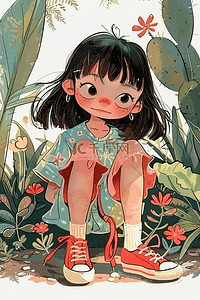 夏季海报植物可爱女孩手绘插图