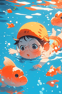 水里的金鱼插画图片_可爱孩子游泳泳池夏季插画手绘