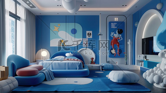房间卡通插画图片_蓝色卡通儿童的房间图片