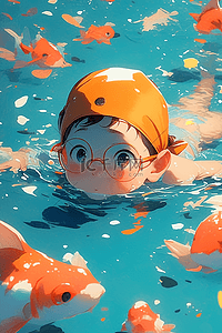 水里的金鱼插画图片_可爱孩子游泳泳池手绘夏季插画
