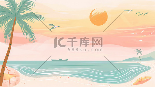 热带棕榈叶插画图片_热带海滩粉彩插画