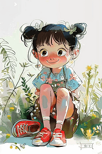 夏季植物可爱女孩手绘海报插画