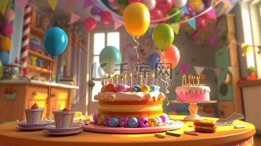惊喜扑面而来插画图片_唯美缤纷梦幻惊喜生日蛋糕气球的插画