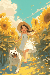 海报白色插画图片_插画夏季女孩小狗向日葵手绘海报
