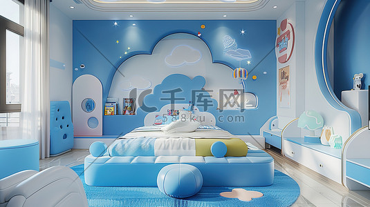 房间卡通插画图片_蓝色卡通儿童的房间图片