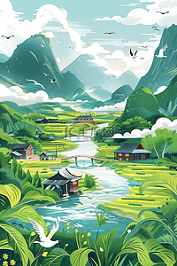 这是美好的一天插画图片_海报夏季山河水彩手绘插画