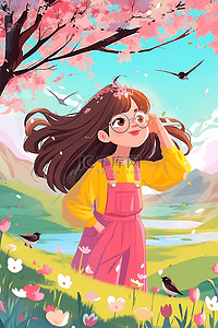 女孩樱花树夏季手绘插画海报