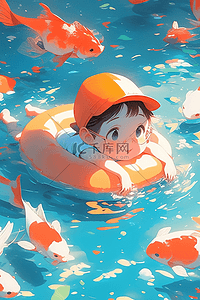 水里的金鱼插画图片_可爱孩子夏季游泳泳池手绘插画