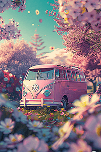 夏天插画粉色樱花中巴士车手绘海报