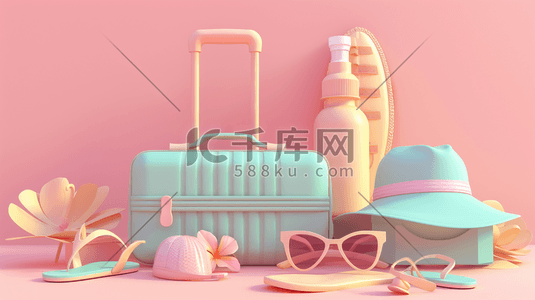 护肤防晒霜插画图片_粉色场景旅行旅游夏季用品的插画