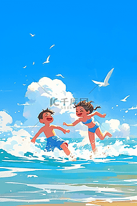 可爱孩子海边奔跑手绘夏季插画