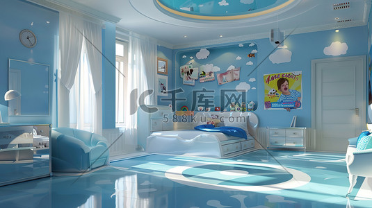 蓝色公司年会插画图片_蓝色卡通儿童的房间插画