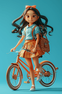 可爱的夏天背景插画图片_插画女孩自行车3d海报