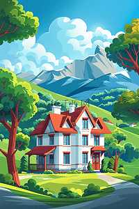 夏季乡村房子山峰树木手绘海报插画图片