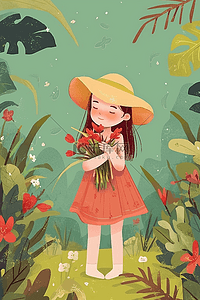 红色花朵盛开插画图片_夏季女孩植物花朵手绘插画