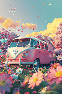 夏天粉色樱花中插画巴士车手绘海报