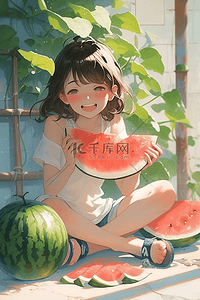 插画夏日女孩西瓜手绘海报