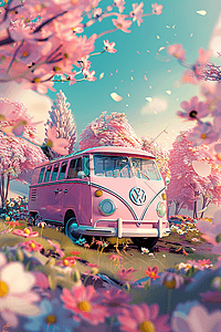 大众点评连图插画图片_夏天粉色樱花中手绘巴士车插画海报