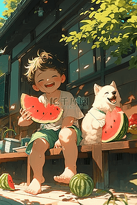 夏季男孩西瓜乘凉手绘插画海报