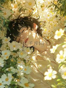 白色无图案插画图片_白色花朵中睡觉的动漫男孩插画海报