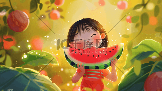绘画风格室内可爱儿童开心水果西瓜的插画