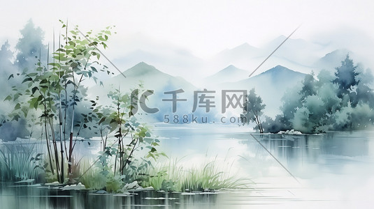 墨水瓶装插画图片_中国湖泊浓墨水墨画插画