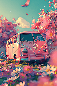 大众点评连图插画图片_夏天海报粉色樱花中巴士车手绘插画