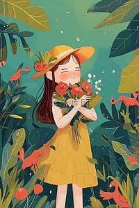 红色花朵海报背景插画图片_女孩植物花朵手绘夏季插画