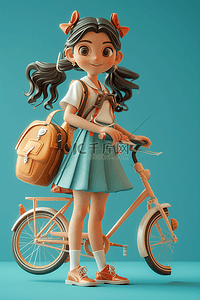 蓝色背景海报插画图片_女孩自行车插画3d海报