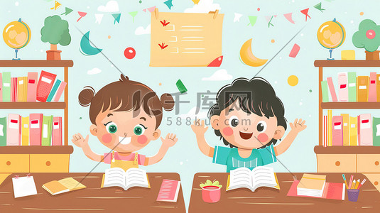 书本海报插画图片_教室两个孩子举手插画海报