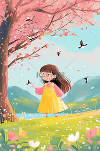 樱桃树插画图片_夏季女孩樱花树插画手绘海报