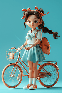 蓝色的自行车插画图片_女孩自行车插画海报3d